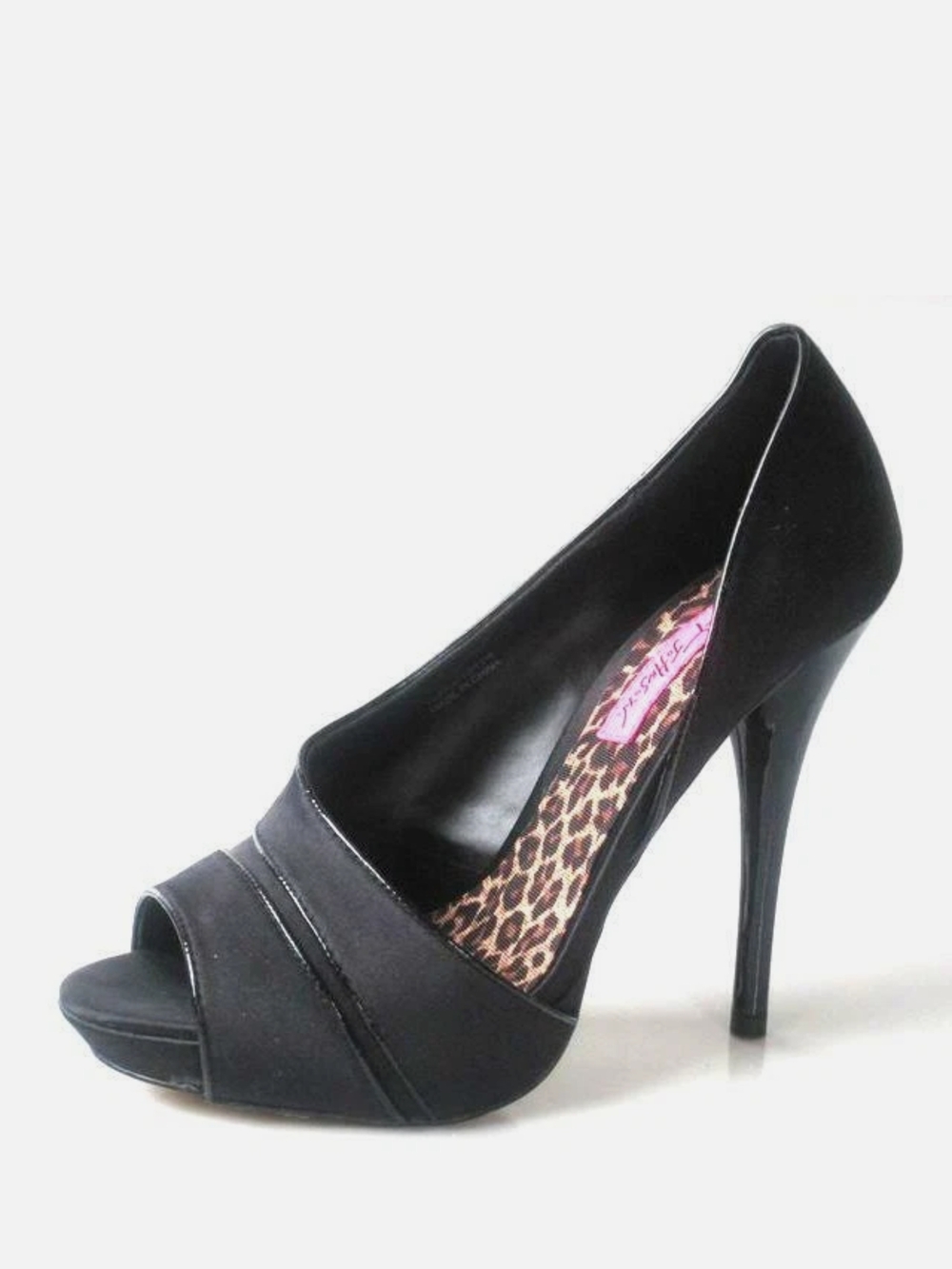 Betsey Johnson Whitney open-toe pumps done in black satin